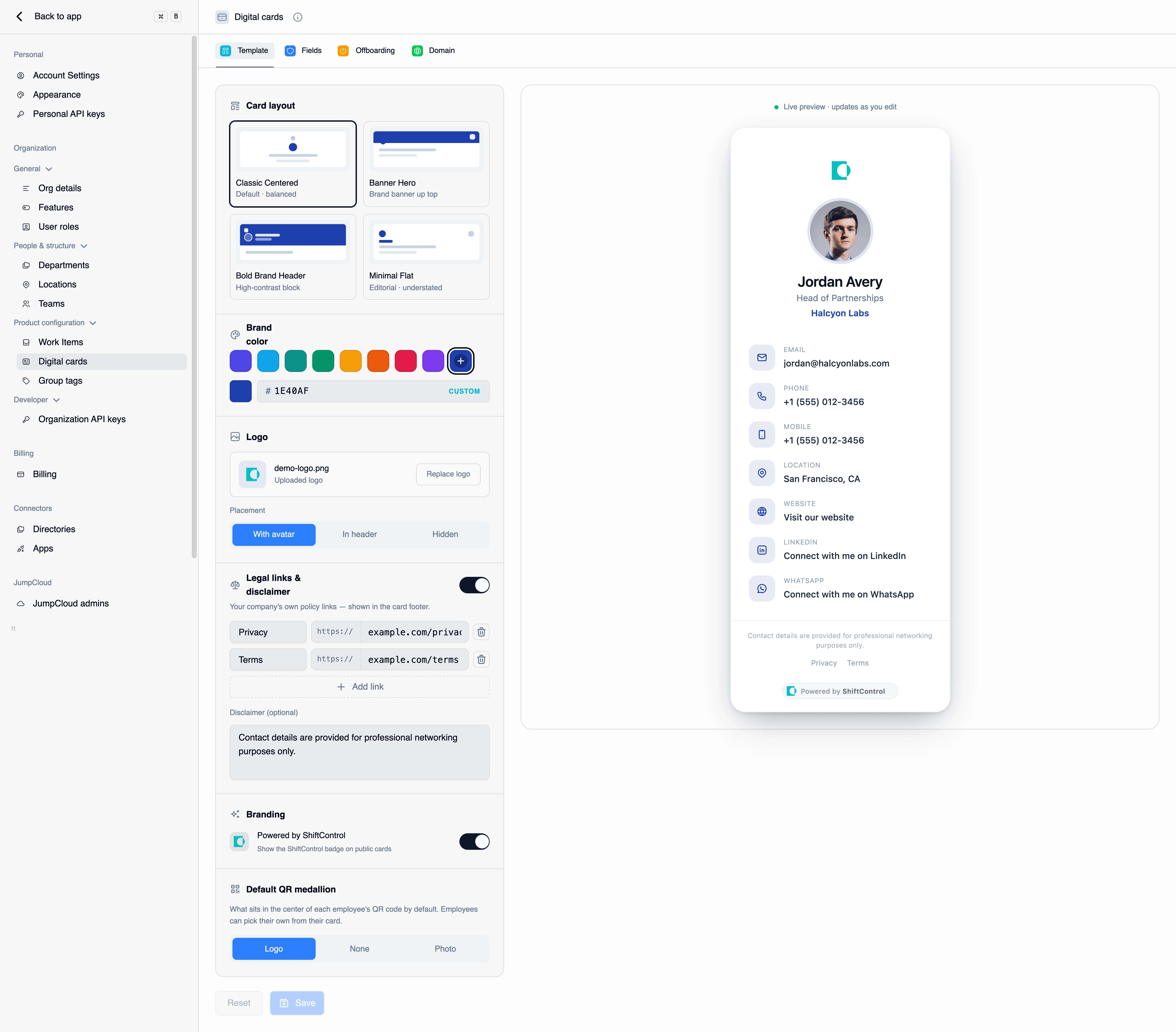 The Template tab with card layout options, brand color swatches, logo placement, legal links, and the live card preview
