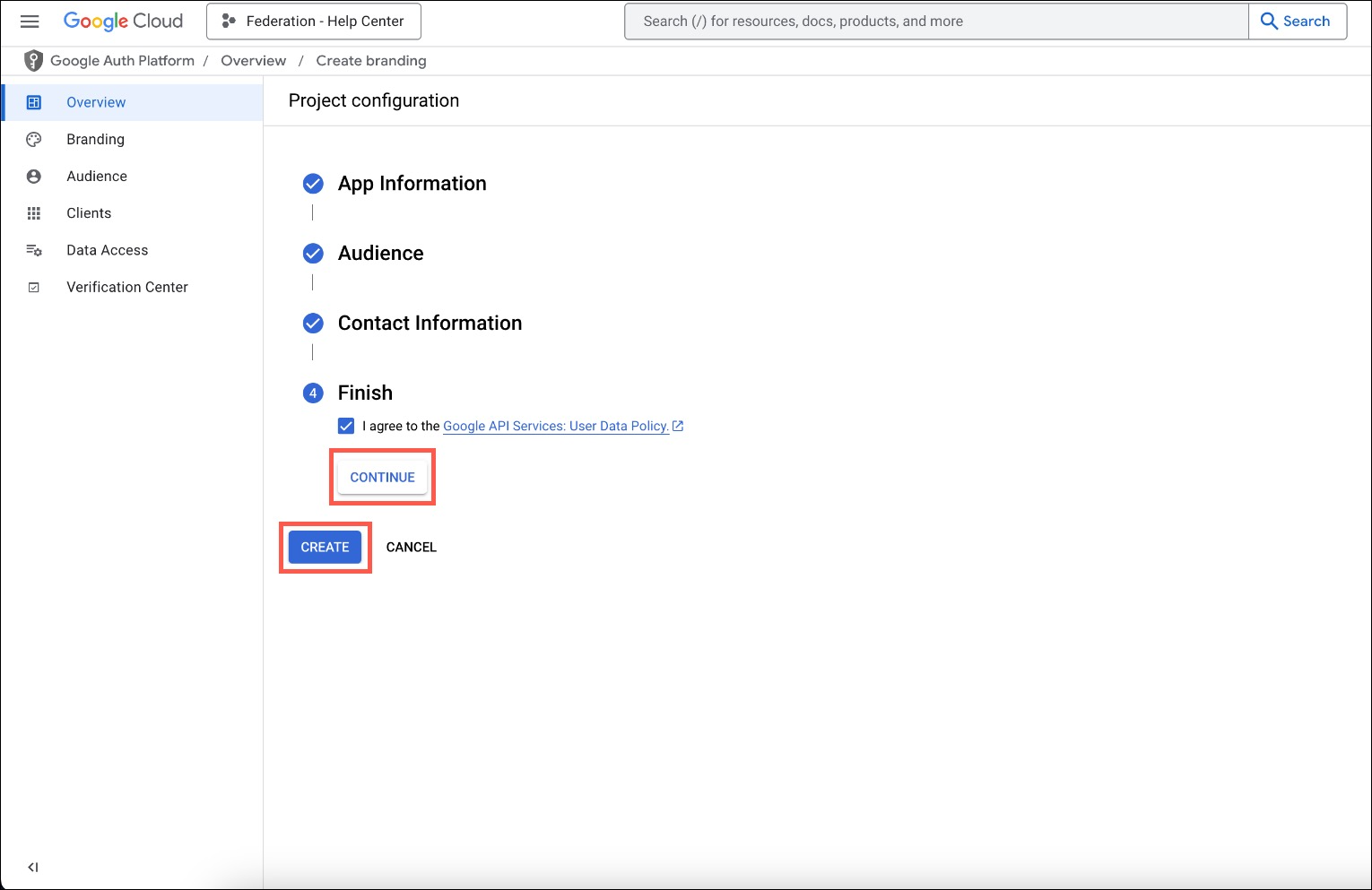 Configure Auth Platform Finish