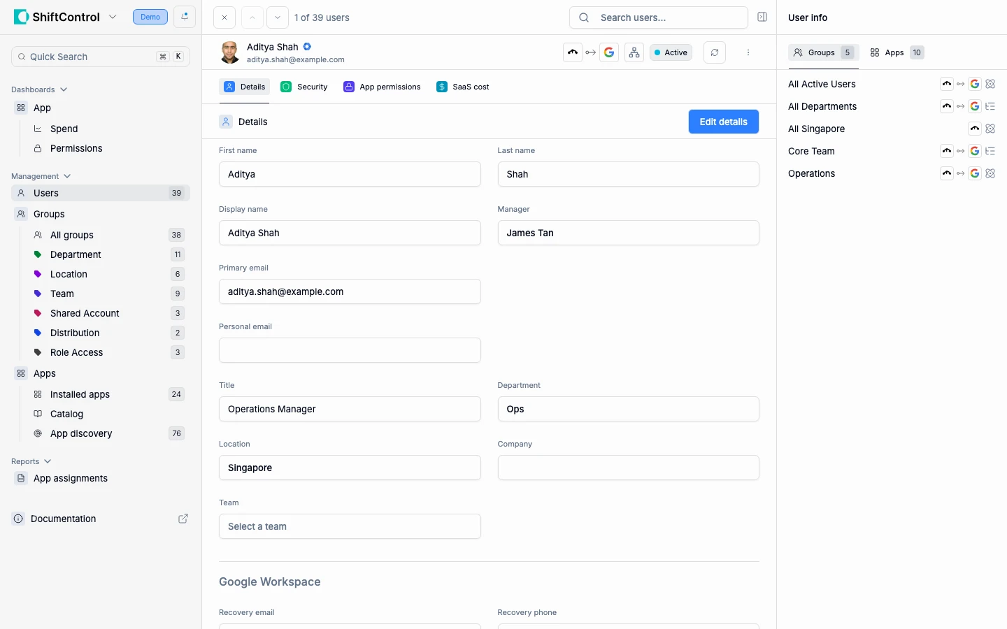 User detail page in edit mode