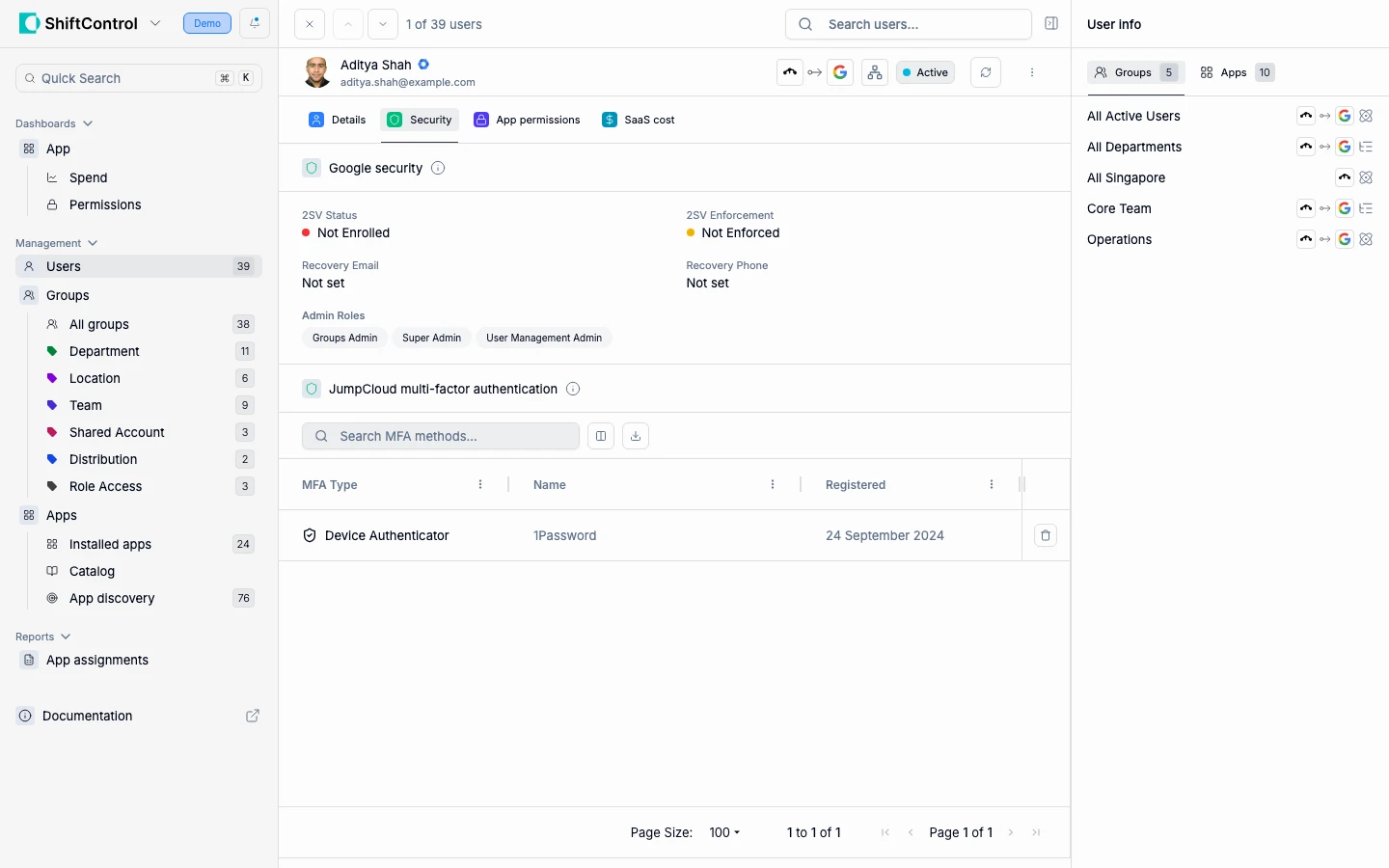 Security tab showing MFA and authentication status