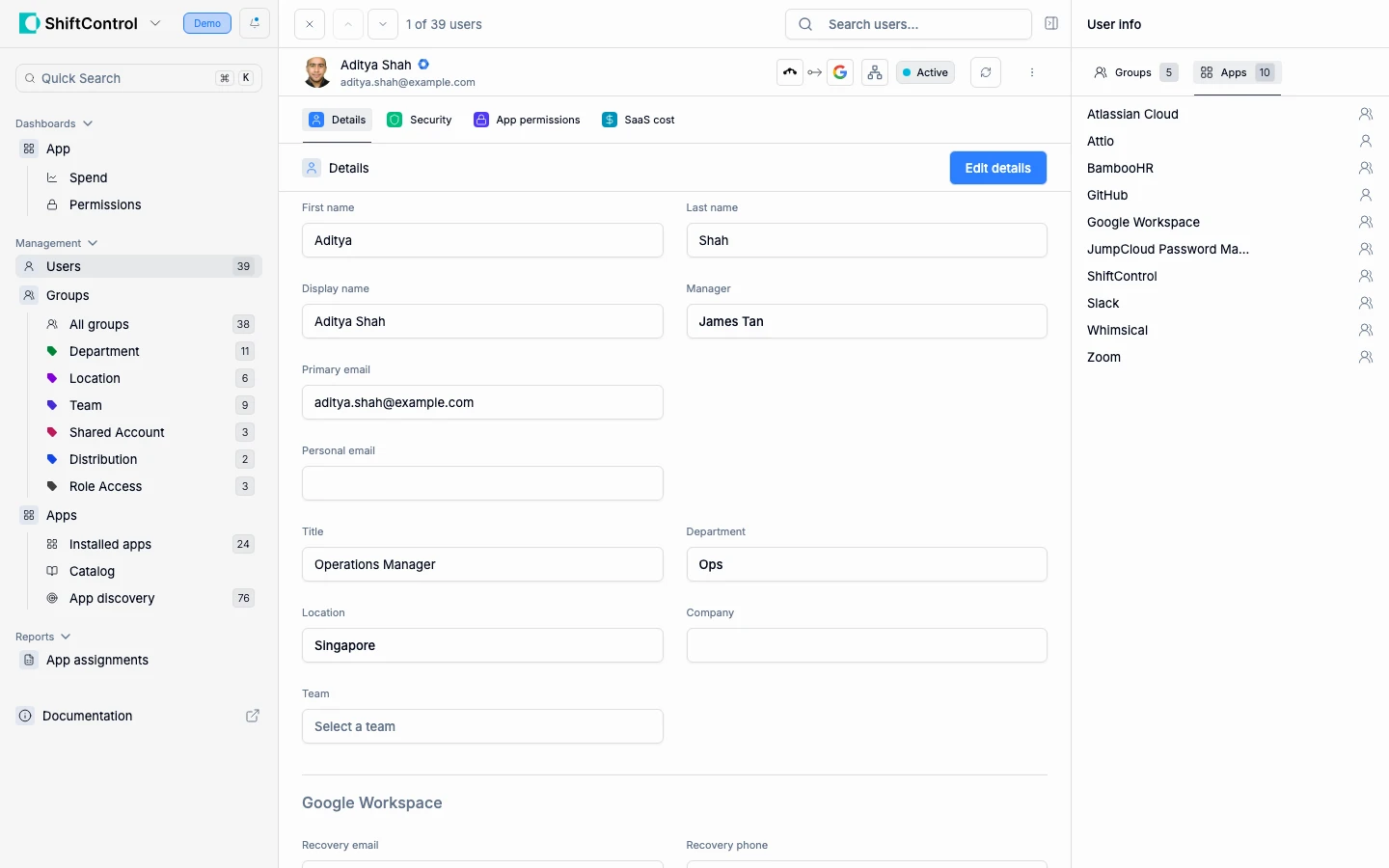 Sidebar showing app access